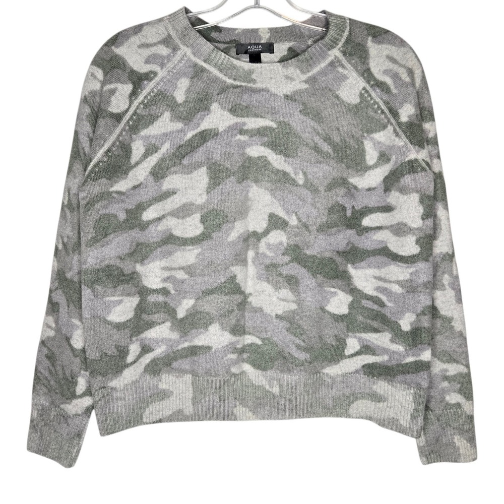 AQUA Cashmere Sweater Womens Medium M‎ Gray Green Camo Crewneck Raglan Luxury